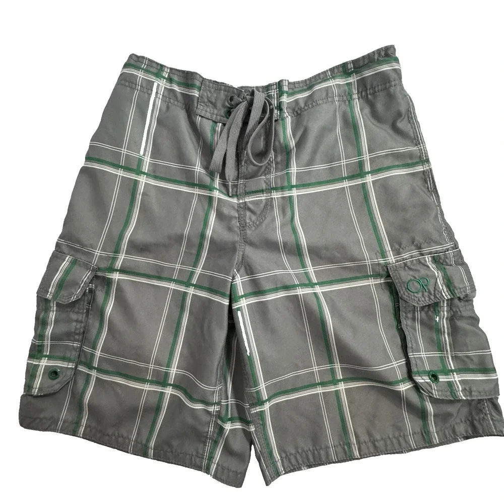 OP Ocean Pacific Board Shorts Men M 32/34 Grey/Green Windowpane Cargo Swim‎ READ